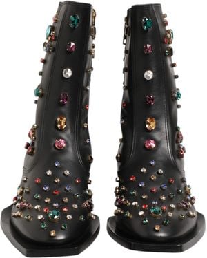 Dolce & Gabbana Gem Embellished Leather Ankle Boots - Black