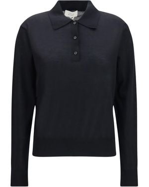 Loulou de Saison Miles Long-Sleeve Fine-Knit Polo Kashmir/Capra Hircus T-Shirts - Blue
