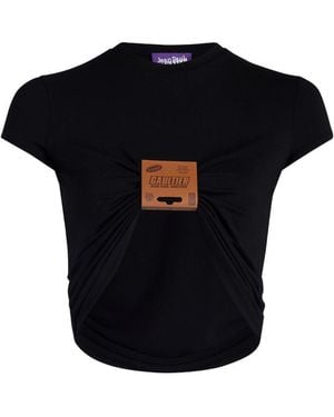 Jean Paul Gaultier The Label Baby Stretch Viscose Jersey Cropped T-Shirt With Leather Label - Black