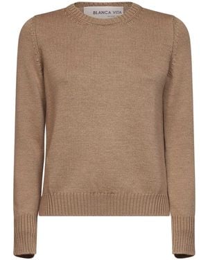 Blanca Vita Camel Virgin Wool Knit Crewneck Jumper - Brown