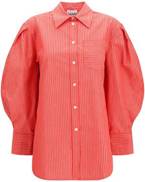 Ganni Striped Cotton Shirt With Balloon Sleeves - Pink
