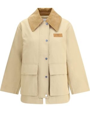 Ganni Cotton Jacket With Corduroy Collar - Natural