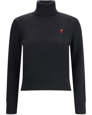 Ami Paris Ami De Coeur Turtleneck Sweater Merino Wool - Blue