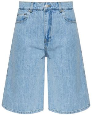 Coperni Long Light Cotton Denim Bermuda Shorts With Leather Strap With Metal C Logo - Blue
