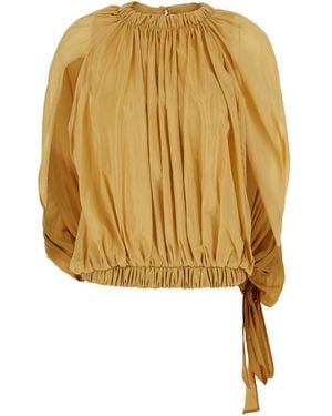 Semicouture Cotton Muslin Top With V-Neck And Short Sleeves Silk For Tops - Yellow