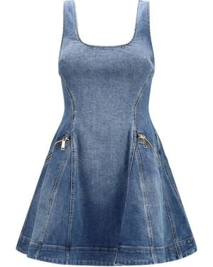 Self-Portrait Denim Flared Mini Dress Cotton; Elastane - Blue