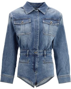 Self-Portrait Rhinestone Denim Playsuit - Blue