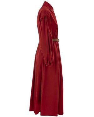 Max Mara Balloon-Sleeve Pleated Cotton Midi Dress - Red