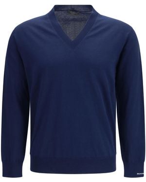 Prada Cotton V-Neck Sweater - Blue