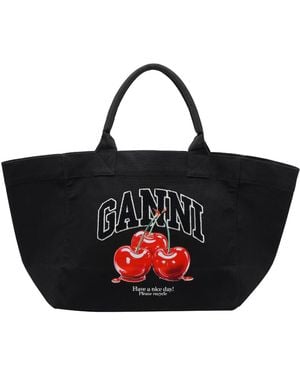 Ganni Xxl Cherry Tote Bag - Black