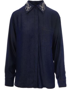 Liu Jo Chambray Denim Shirt With Removable Floral Embroidered Collar - Blue