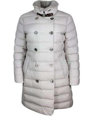 Moorer Long Double-Breasted Down Jacket With A Feminine Line Padded With Real Goose Down With Detachable Fur Collar - Grey