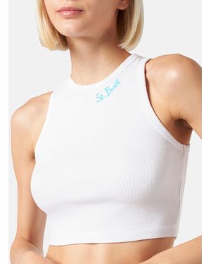 Mc2 Saint Barth Cotton Crop Tank Top With St. Barth Embroidery Melissa Satta Special Edition - White