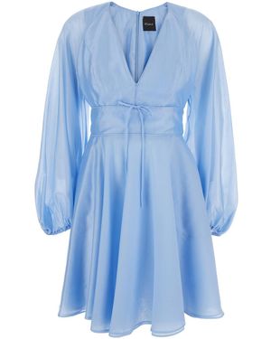 Le Plain Dress With V-Neck And Flared Skirt - Blue