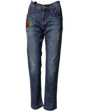 Dolce & Gabbana Blue Floral Embroidered Boyfriend Denim Jeans