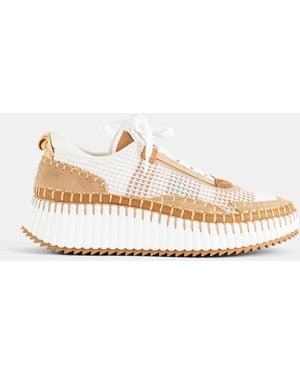 Chloé Platform Nama Sneaker Recycled Mesh Hand-Stitched Camel Sandal - White