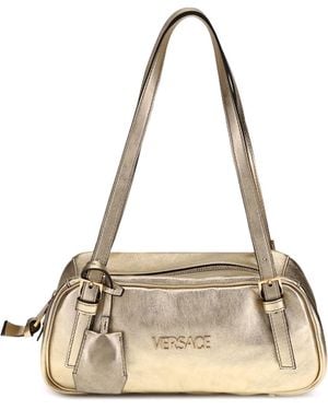 Versace Laminated Metallic Bowling Shoulder Bag - Natural