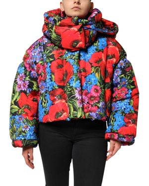 Dolce & Gabbana Floral Hooded Puffer Coat Jacket Polyester Clothing - Red
