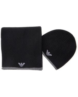 Emporio Armani Scarf And Beanie Set With Logo Embroidery - Black