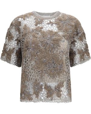 Brunello Cucinelli Crew-Neck Top With Floral Embroidery And Sequins T-Shirts - Grey