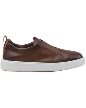 Santoni Logo Embossed Round Toe Sneakers - Brown