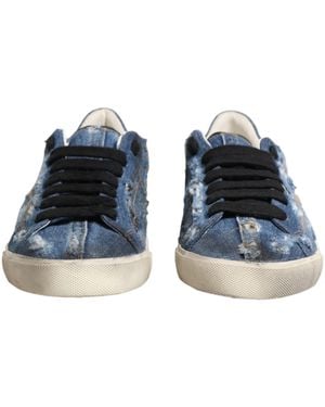 Dolce & Gabbana Distressed Denim Low Top Trainers Shoes - Blue
