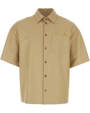 Prada Short-Sleeved Spread-Collar Boxy-Fit Leather Shirt - Natural