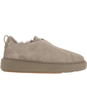 Santoni Slip-On Suede Sneakers With Fur - Brown