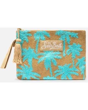 MC2 Saint Barth Jute Pouch With Embroidered Palm Pattern Pochette - Blue