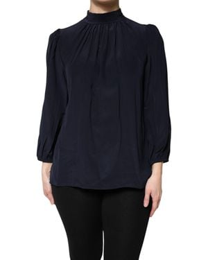 Dolce & Gabbana Silk Mock Neck Long Sleeves Blouse Top - Blue