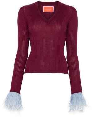 La DoubleJ Burgundy Ribbed Cashmere And Silk Blend Jumper With Light Ostrich Feather Trim - Red