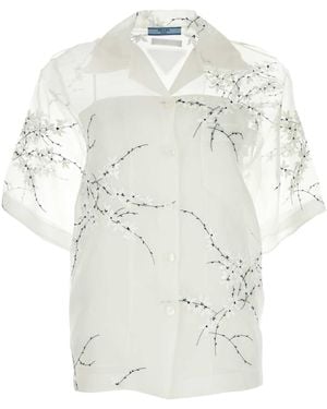 Prada Floral-Embroidered Short-Sleeved Sheer Shirt - White