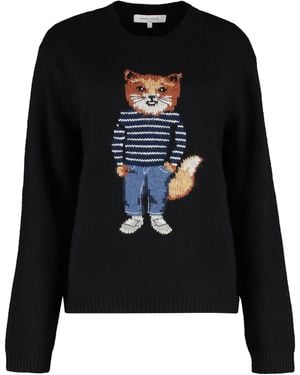 Maison Kitsuné Crew Neck Merino Wool Sweater - Black