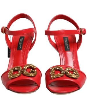 Dolce & Gabbana Leather Dg Amore Heels Sandals Shoes 100Lf - Red