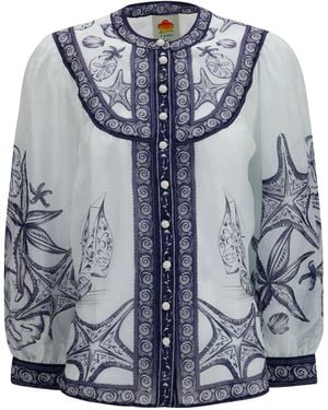 FARM Rio Seaside Print Blouse Coast Scarf Off - Blue