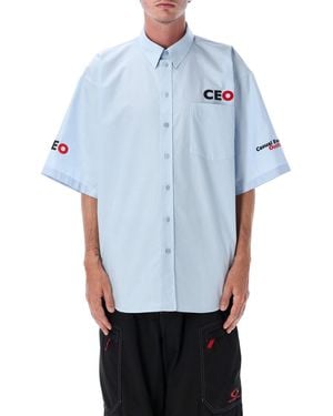 Balenciaga Ceo Uniform Logo Short Sleeve Oversized Shirt - Blue