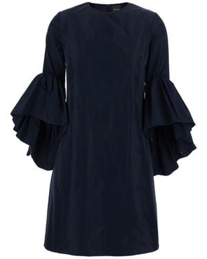 Plain Crew Neck Dress With Flared Draped Sleeves For - Blue