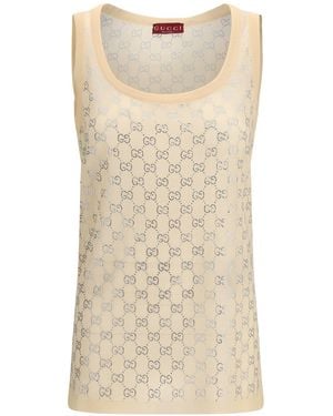 Gucci Sleeveless Top With All-Over Glittering Gg Logo - Natural