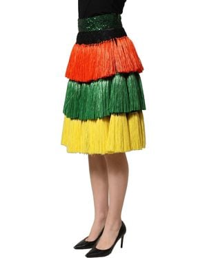 Dolce & Gabbana Fringe Sequin High Waist Knee Length Skirt Silk - Yellow