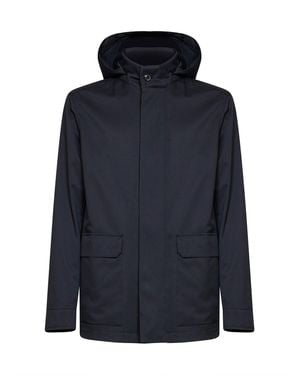 ZEGNA Hooded Car Coat Motorin Polyester Bomber Jackets - Blue