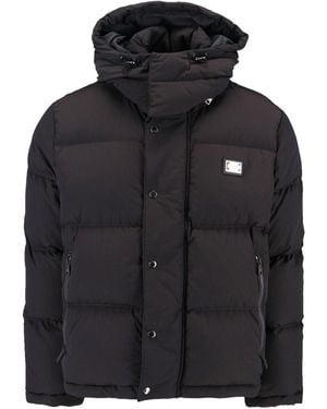 Dolce & Gabbana Plaque Hooded Down Jacket - Black