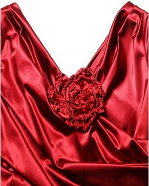 Dolce & Gabbana Silk Satin Draped Midi Floral Applique Dress Elastane - Red