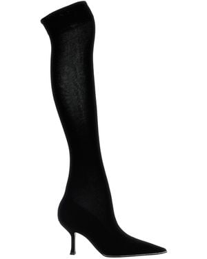 Rene Caovilla High-Leg Knitted Boots With Rhinestone Detailing - Black