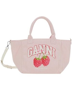 Ganni Small Easy Shopper With Logo Print And Raspberry On The Front Cotton Tote Bags - Pink