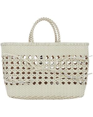 OSOI Handbag Biscuit Tote With Double Round Handles And Ecoleather Intreccio Design For Recycled Leather Hand Bags - Metallic