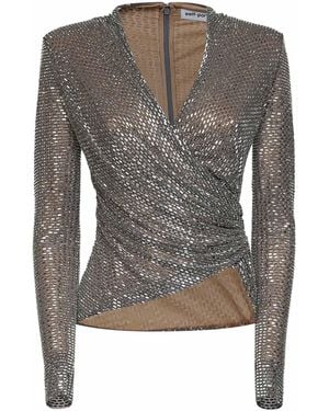Self-Portrait Rhinestone-Embellished Mesh Wrap Top - Gray