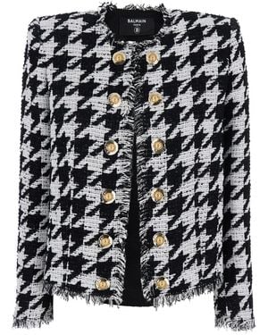 Balmain Houndstooth Fringe Trim Tweed Jacket - Black