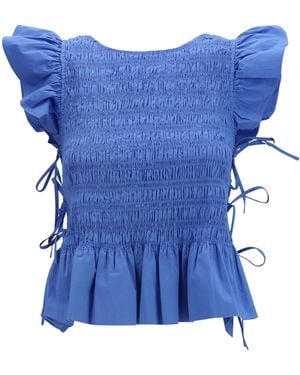 Ganni Ruched Cotton Top With Side Bows Cotton; Elastane - Blue