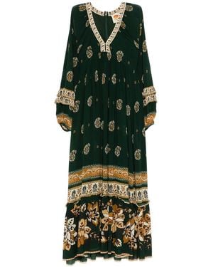FARM Rio Floral Print V-Neck Long Sleeve Dress - Green