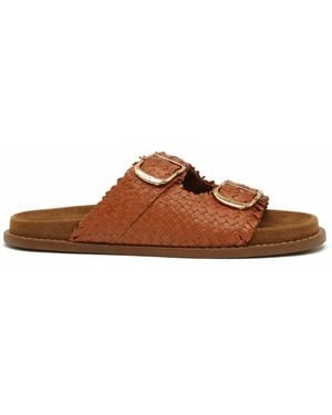 Pennyblack Woven Faux Leather Flat Sandals With Double Buckle - Brown